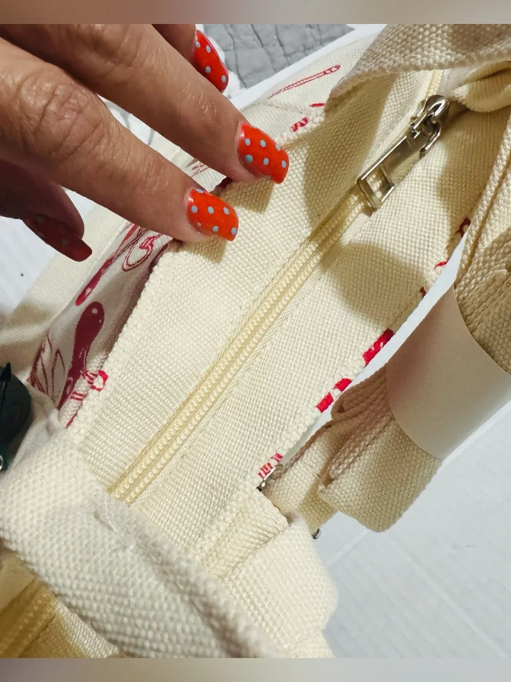 Canvas Cherry Print Tote Bag with Red Pom Pom Charm BNWT